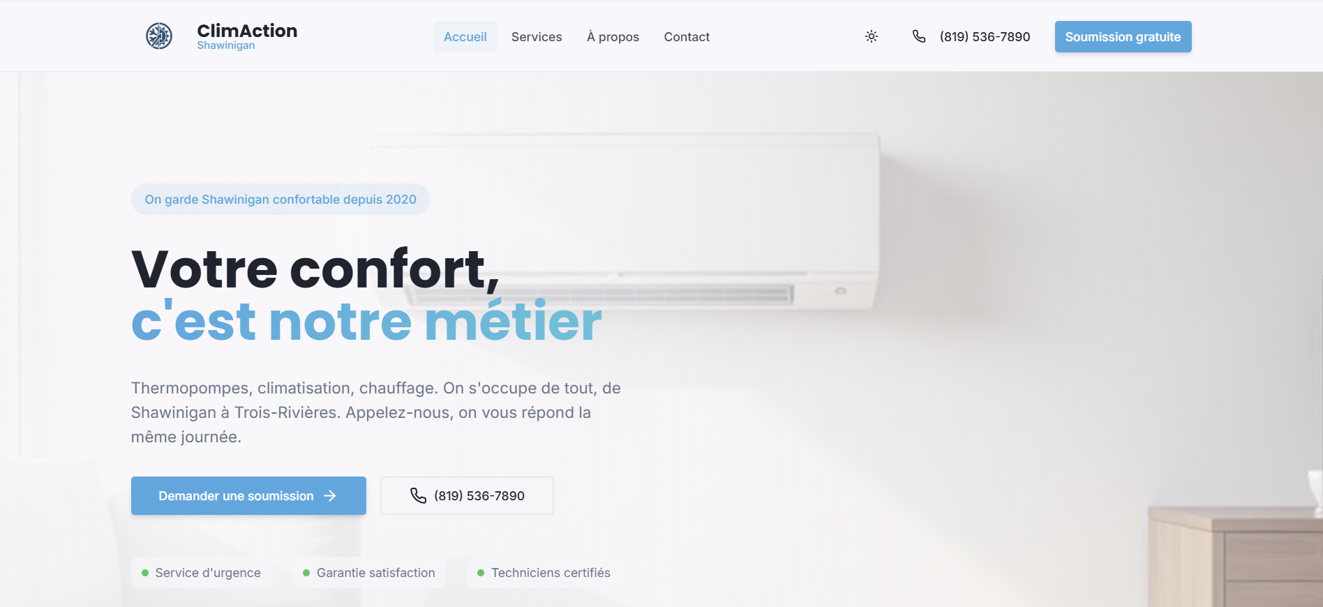 Site web ClimAction — spécialiste CVAC à Shawinigan
